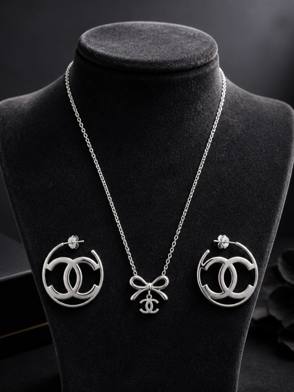 Silver  Bow Pendant Necklace & CC Hoop Earrings Set